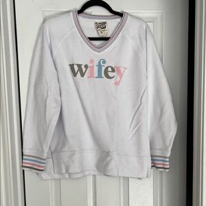 Jadelynn Brooke White Sweatshirt with Pink and Blue Stripes WIFEY